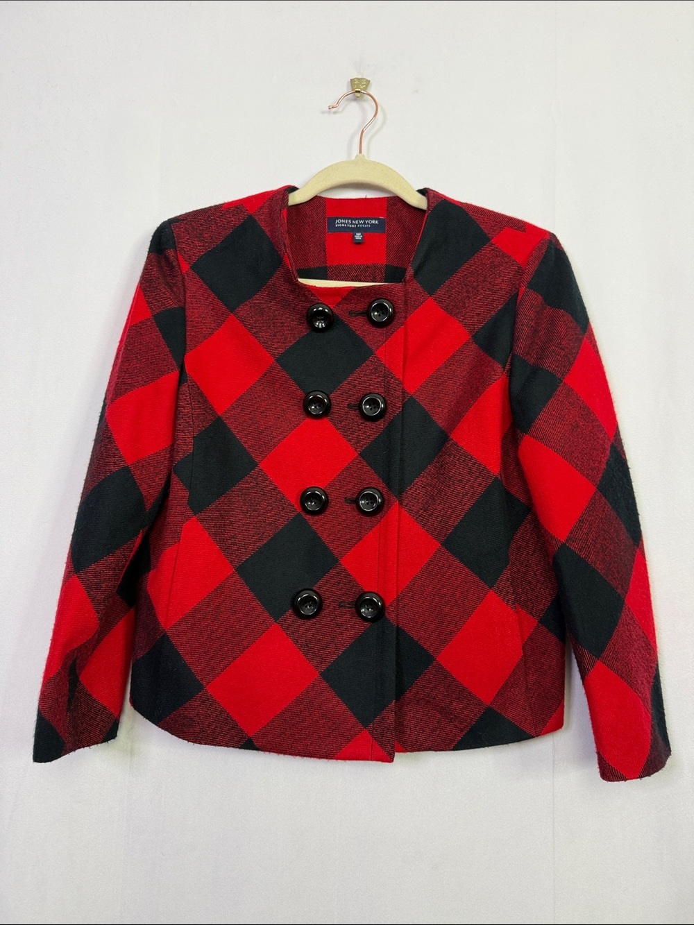 Jones New York Red & Black Plaid Double-Breasted Peacoat